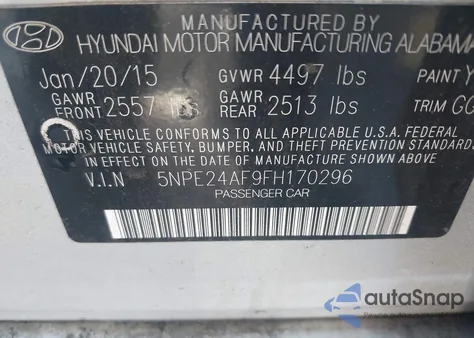 2015 Hyundai Sonata Se из США, поврежденный, VIN 5NPE24AF9FH170296